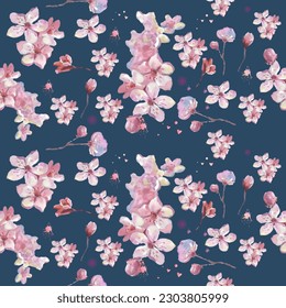 Seamless pattern with cherry blossom flowers. Design for textile, wallpapers, Element for design, Greeting card.
