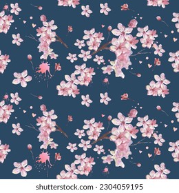 Patrón sin foco con flores de flores de cerezo. Diseño para textiles, fondos de pantalla, Elemento para el diseño, Tarjeta de felicitación.
