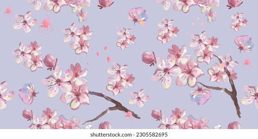 Seamless pattern with cherry blossom flowers. Design for textile, wallpapers, Element for design, Greeting card.

