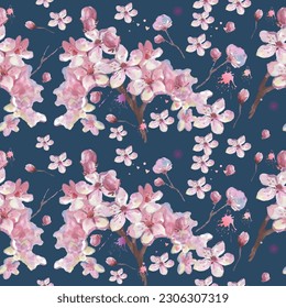 Seamless pattern with cherry blossom flowers. Design for textile, wallpapers, Element for design, Greeting card.
