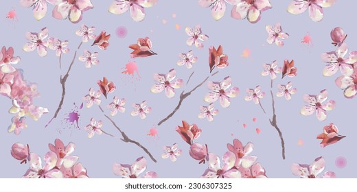 Seamless pattern with cherry blossom flowers. Design for textile, wallpapers, Element for design, Greeting card.
