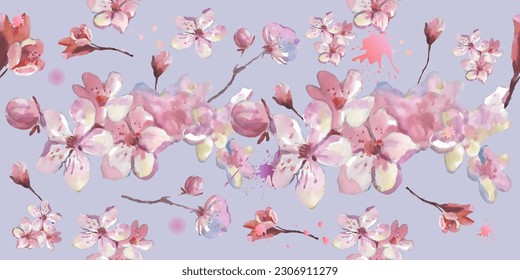 Seamless pattern with cherry blossom flowers. Design for textile, wallpapers, Element for design, Greeting card.
