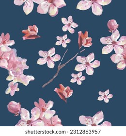 Seamless pattern with cherry blossom flowers. Design for textile, wallpapers, Element for design, Greeting card.
