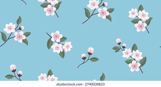 Seamless pattern with cherry blossom flowers on blue background. Fabric print.