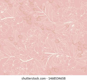 Seamless pattern with cherry blossom. Hand draw cherry blosoom flowers. Vector outline lines with sakura branch and flying petals of cherry blossoms on pink.  Romantic japanese sakura. Spring floral 