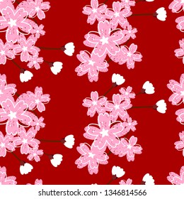 Seamless pattern of cherry blossom ,Japan flower. Branches of cherry blossoms,Spring flower on red background, wrapping paper, vector textile fabric print vector illustration