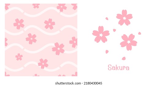 Patrón sin foco con flor de cerezo en la ilustración del vector de fondo de onda rosa. Diseño plano del logo de la flor de Sakura.