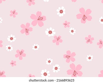 Patrón sin foco con flor de cerezo Flor Sakura y flor pequeña blanca sobre fondo rosa ilustración vectorial. Impresión floral.