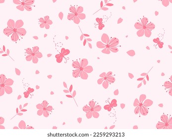 Patrón sin foco con flor de cerezo Sakura flor, ramas, pétalos voladores y caricaturas de mariposa en la ilustración del vector de fondo rosa. Bonita impresión floral de verano.