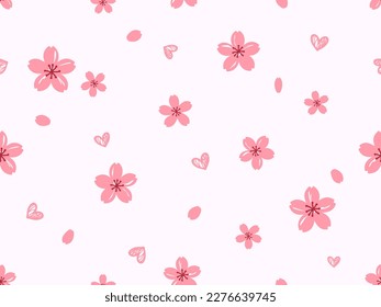 Seamless pattern with cherry blossom Sakura flower, flying petals and hand drawn hearts on pastel pink background vector illustration.