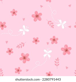 Seamless pattern with cherry blossom Sakura flower, branches and butterfly cartoons on pink background vector illustration. 