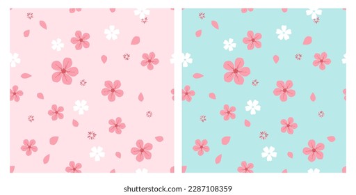 Seamless pattern with cherry blossom Sakura flower on pink and green mint backgrounds vector illustration.