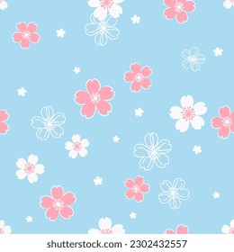 Seamless pattern with cherry blossom Sakura flower on blue background vector illustration. Cute floral print.