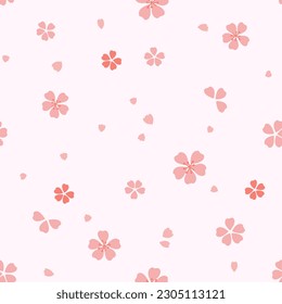 Seamless pattern with cherry blossom Sakura flower and flying petals on pastel pink background vector illustration. Cute floral print.