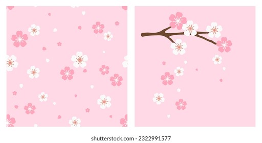 Nahtloses Muster mit Kirschblüte Sakura-Blume auf rosafarbenem Hintergrund, Vektorgrafik. Sakurazweig und fallende, florale Vektorgrafik.