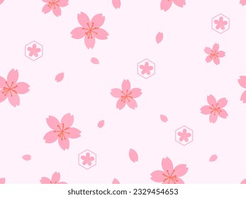 Patrón sin foco con flor de cerezo Sakura en la ilustración del vector de fondo rosa.