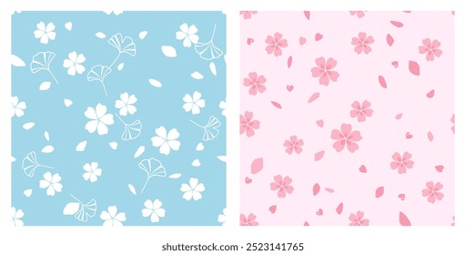 Seamless pattern with cherry blossom Sakura flower and ginkgo leaves on blue and pink backgrounds vector. Flat design.