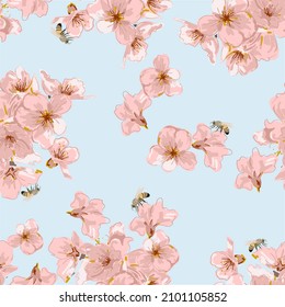 Seamless pattern of cherry blossoms and bees.Spring vector wallpaper.