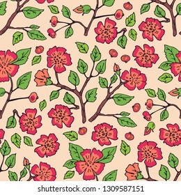 Seamless pattern with cherry blossoms. Hand drawn style.  Design element for fabric, wallpaper or gift wrap.