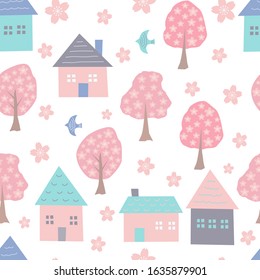 Seamless pattern of cherry blossoms and houses