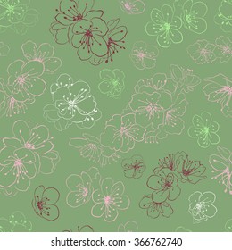 Seamless pattern of cherry blossoms, multicolored on green