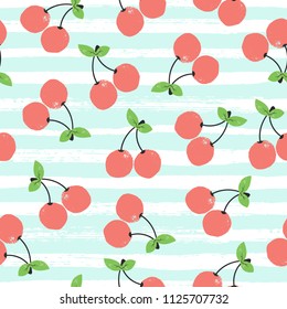Seamless pattern with cherry blossoms on striped background. Vector illustration.