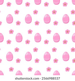 Seamless pattern with cherry blossoms, sakura and Easter pink eggs for textile, fabric, wrapping paper, floral design