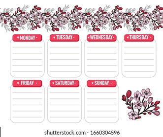 Seamless pattern with of cherry blossoms. Weekly to-do list with of blooming flowers Sakura. Vector illustration.