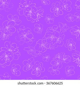 Seamless pattern of cherry blossoms, white on violet