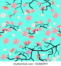 seamless pattern cherry branch with cherry blossom on a background of the sky vector illustration