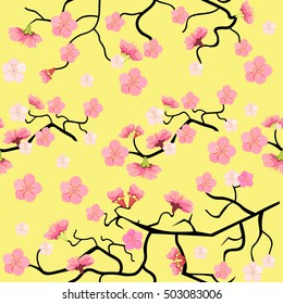 seamless pattern cherry branch with cherry blossom on a yellow background vector illustration