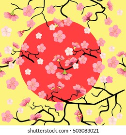 seamless pattern cherry branch with cherry blossom on a background of sunset vector illustration