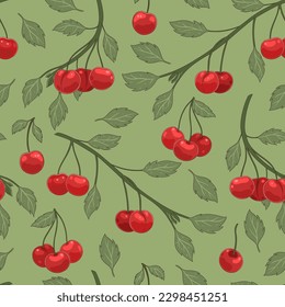 Seamless pattern with cherry branches and berries. Vector graphics.