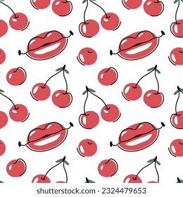 Seamless pattern with cherry branches and female lips. Sweet, juicy berry for cooking. Print for printing on textiles, clothing and packaging. Lips in an air kiss. Summer dessert.