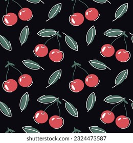 Seamless pattern with cherry branches on a dark background. Sweet, juicy berry for cooking. Print for printing on textiles, clothing and packaging. Delicious summer berry.
