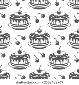 Seamless pattern, cherry cakes, engraving, baking silhouettes. Black and white illustration, food background