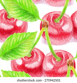 Seamless pattern with cherry. Color pencils illustration. 