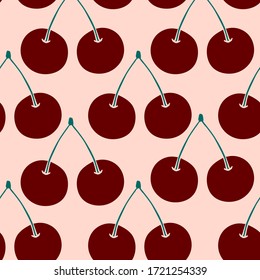 Seamless pattern with cherry. Colorful silhouette on white backdrop. Summer print with fruit