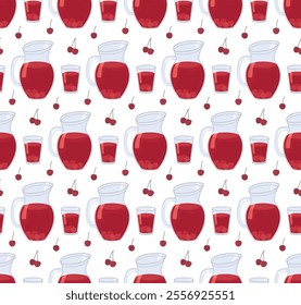 Seamless pattern with cherry compote glass, jug and cherry berries. Vector background in flat style