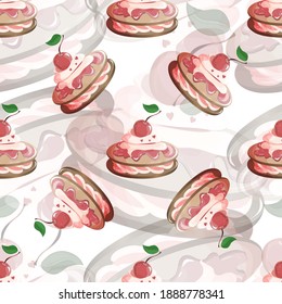 Seamless pattern with cherry cookies and cream. Pattern in red and white colors. Bright pattern. Striped. Printing, packaging design, packaging, textiles.