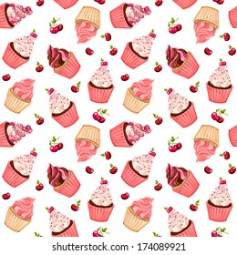 Seamless pattern with cherry cupcakes and cherries