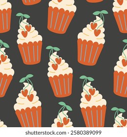 seamless pattern with cherry cupcakes in doodle style. Element for decoration design mail posts postcards poster print invitation background backdrop wrapping wallpaper banner textile