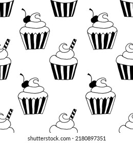 Seamless pattern with cherry cupcakes and sugar tube. Beautiful background with cupcakes.