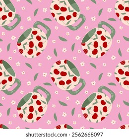 Seamless pattern with cherry decorated mug, green leaves and white flowers on a pink background in flat style. Ideal for fabric design, wrapping paper and home decor.