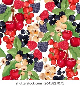 Seamless pattern of cherry, dewberry, raspberry, red currant, black currant and white currant. Vector illustration for the design of menus, recipes, textile and food packages.