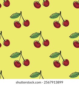 Seamless pattern with cherry doodle for decorative print, wrapping paper, greeting cards, wallpaper and fabric