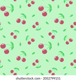Seamless pattern of cherry doodle and leaves on pistachio background. Color vector illustration.