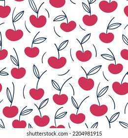 Seamless pattern with cherry with doodle leaves on white background. Cherry Fruit Seamless Pattern.