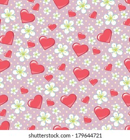 Seamless pattern of cherry Flowers or Apple Flowers,polka dot and hearts.Retro Style,Chebbi chic,vintage. For the Wallpapers,background,textiles,packaging paper,wedding design.Vector illustration.