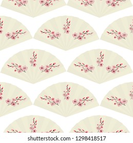 Seamless pattern, cherry flowers, fan, Japanese Sakura, spring pattern, hand drawn, flat style, vector illustration
